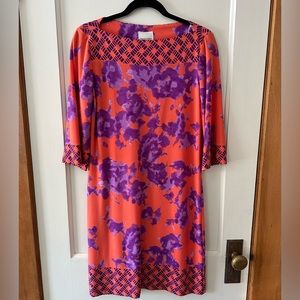 Donna Morgan Dress- coral & purples knee. Size 8